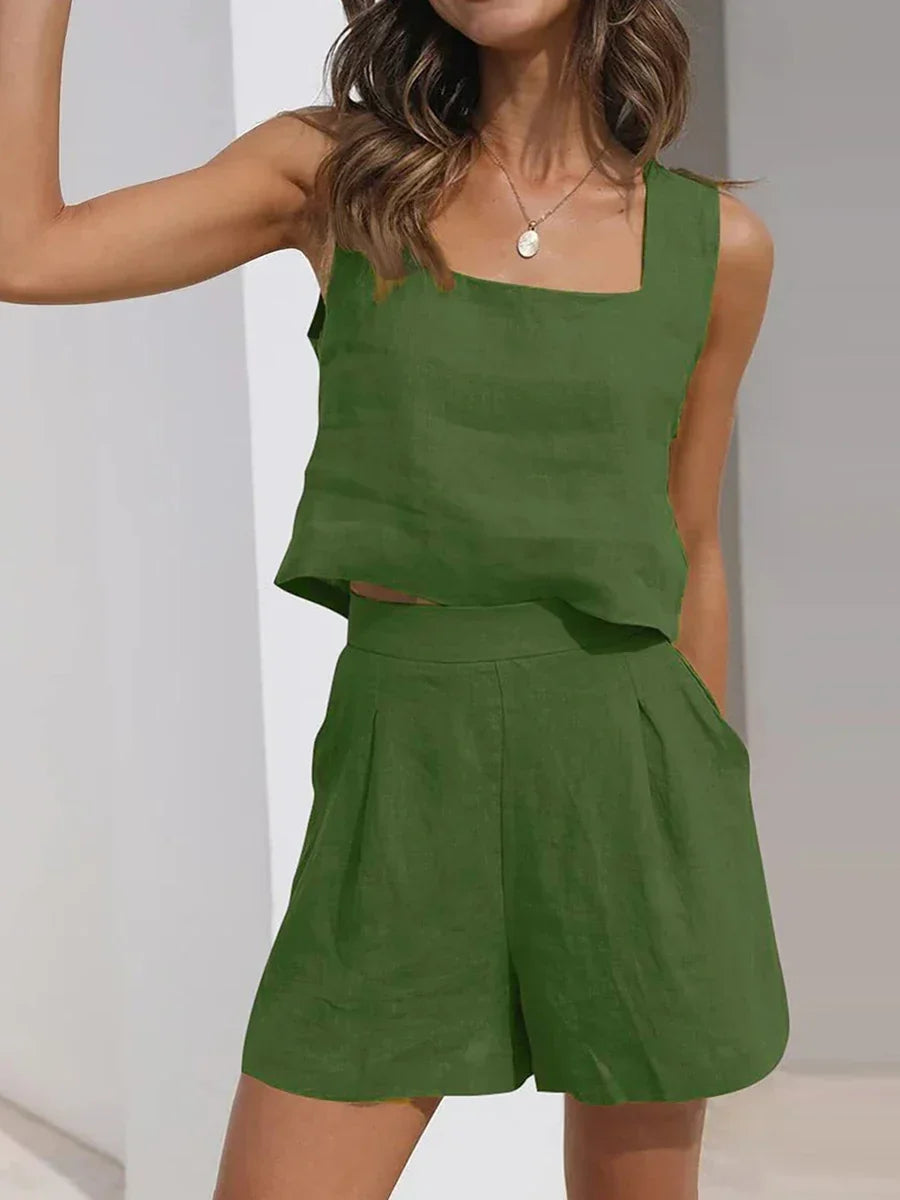 Stylish women's summer crop top & shorts set, ideal for casual chic lounging or beach outings.
