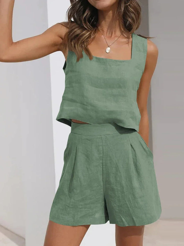 Relaxed fit women's summer crop top and shorts set, a stylish matching outfit for casual wear.