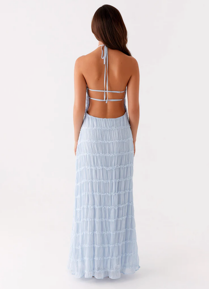 Elegant women's textured halter maxi evening dress, ideal for special occasions.