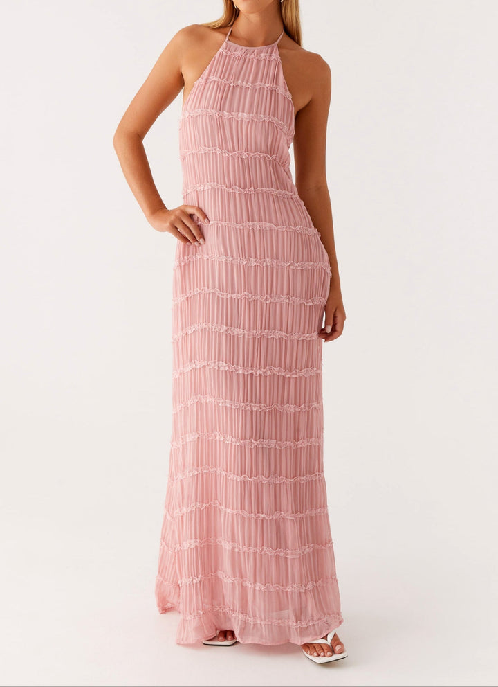 Elegant women's textured halter column maxi dress, perfect for wedding guests.