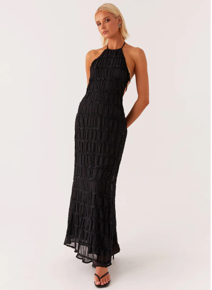 Chic & elegant textured halter maxi dress, a perfect choice for wedding guests.