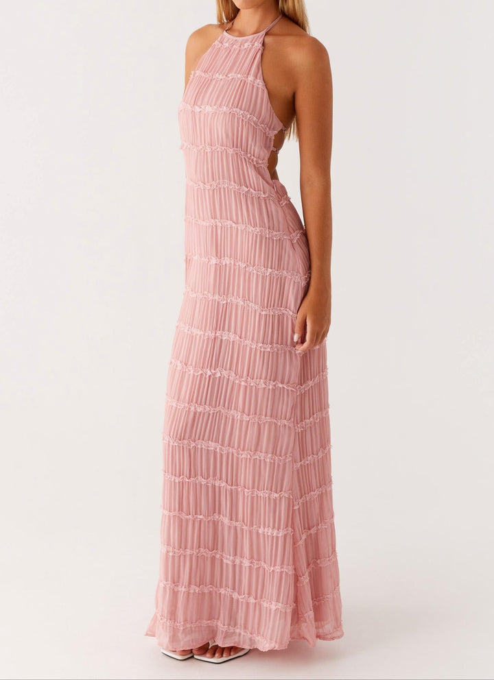 Stunning halter maxi wedding guest dress featuring a unique textured fabric.