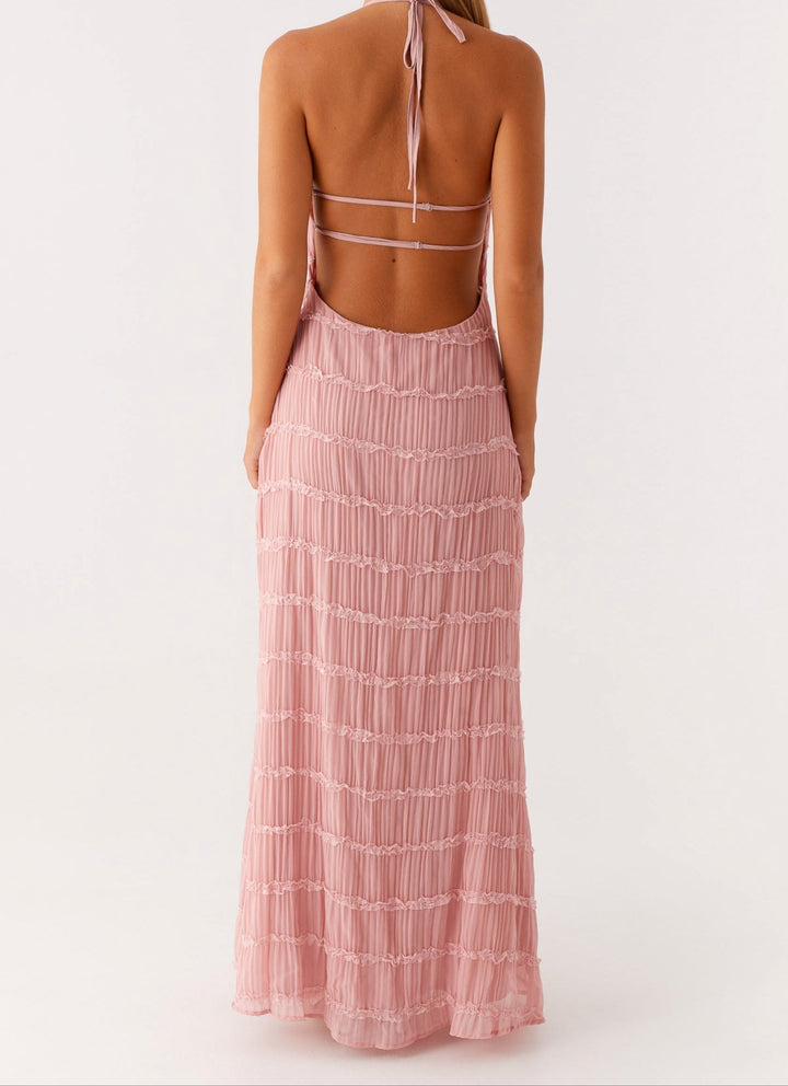 Women's textured halter maxi dress, an elegant sleeveless column style for special occasions.