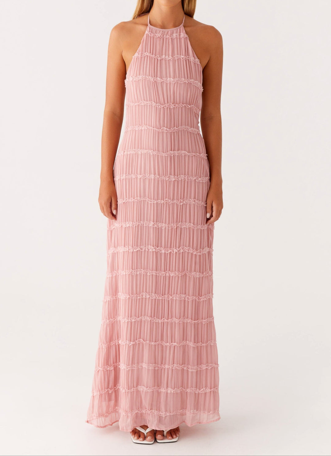 Beautiful textured halter maxi wedding guest dress, a chic and elegant evening choice.