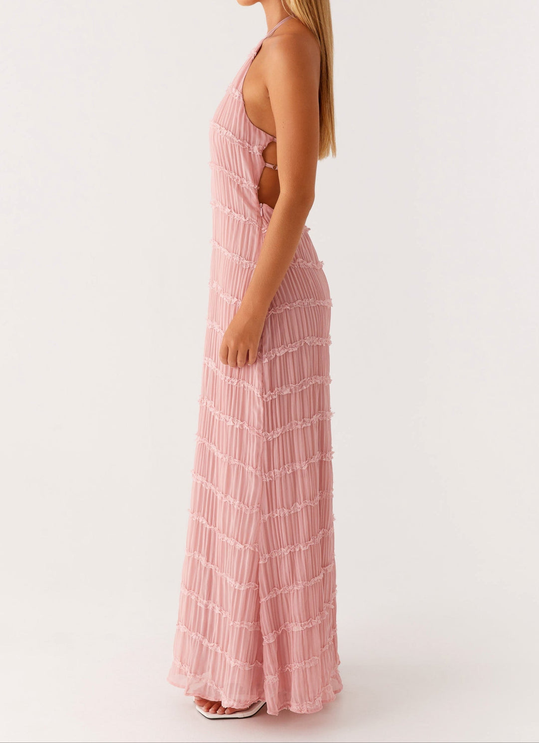 Sophisticated textured halter maxi dress, perfect for weddings & special evening events.