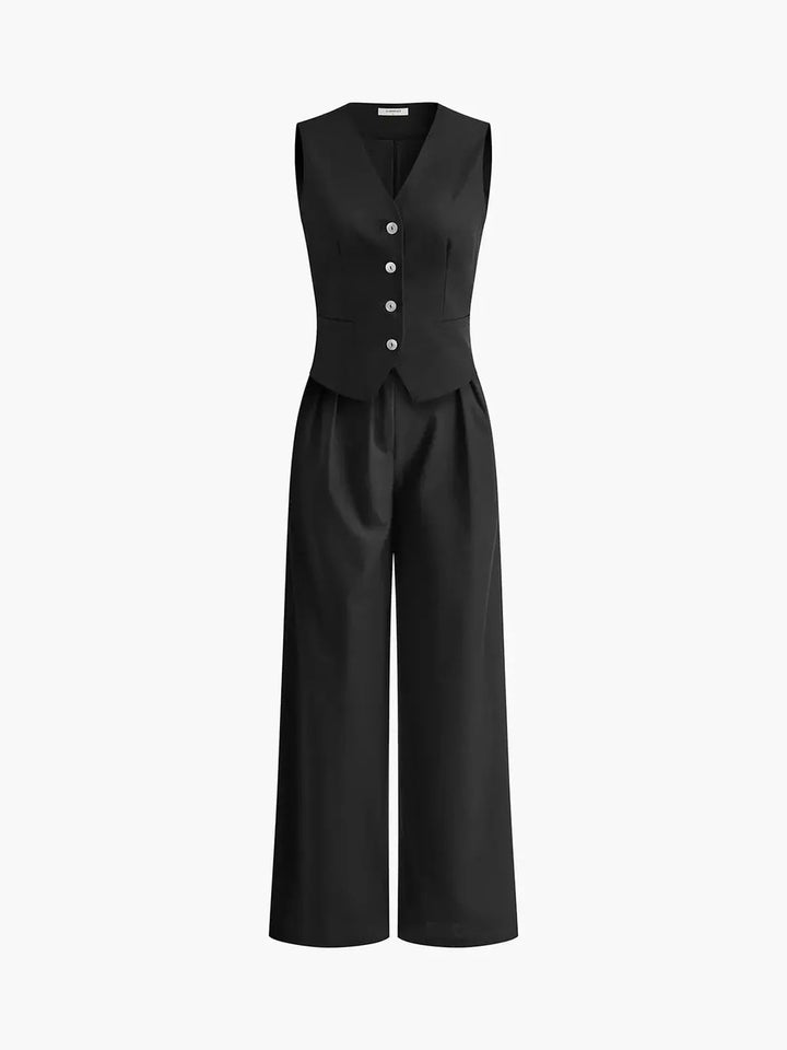 Versatile women's waistcoat and wide-leg trousers ensemble, a comfortable and elegant choice for any occasion.
