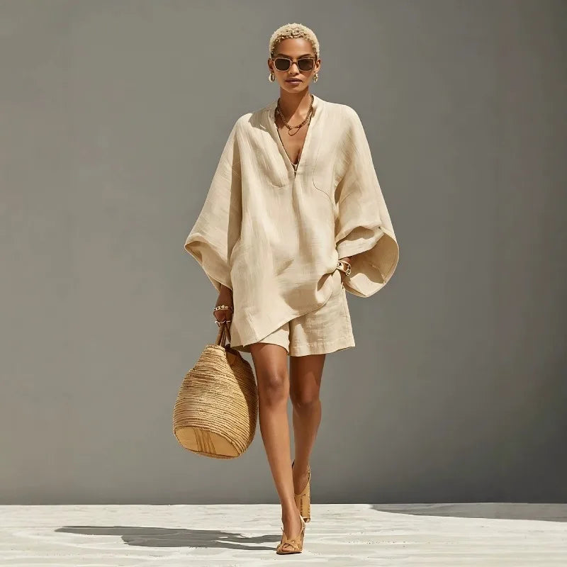 Women's chic V-neck batwing sleeve shorts set for summer. Perfect casual wear & vacation comfort.