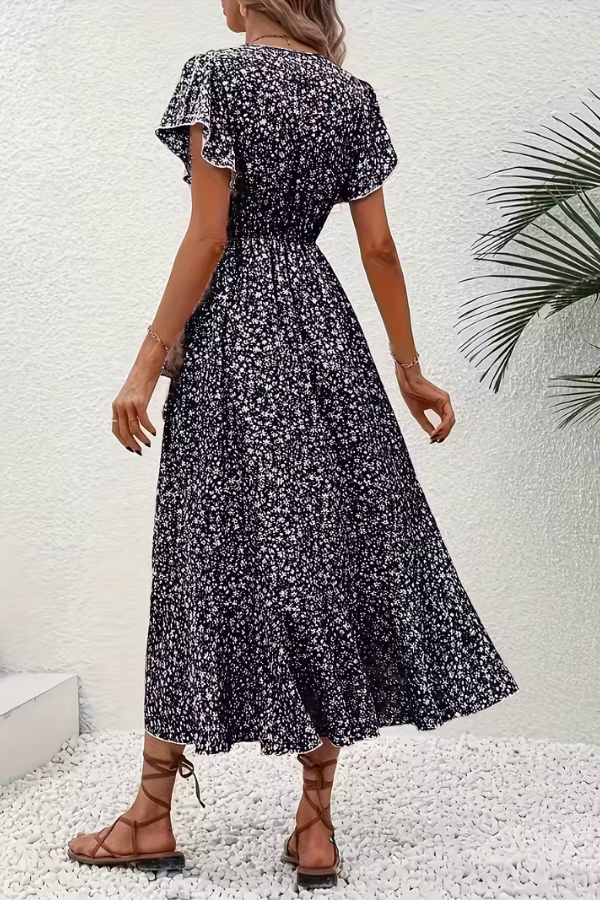 Versatile V-neck floral midi dress for women, suitable for elegant and casual chic occasions.