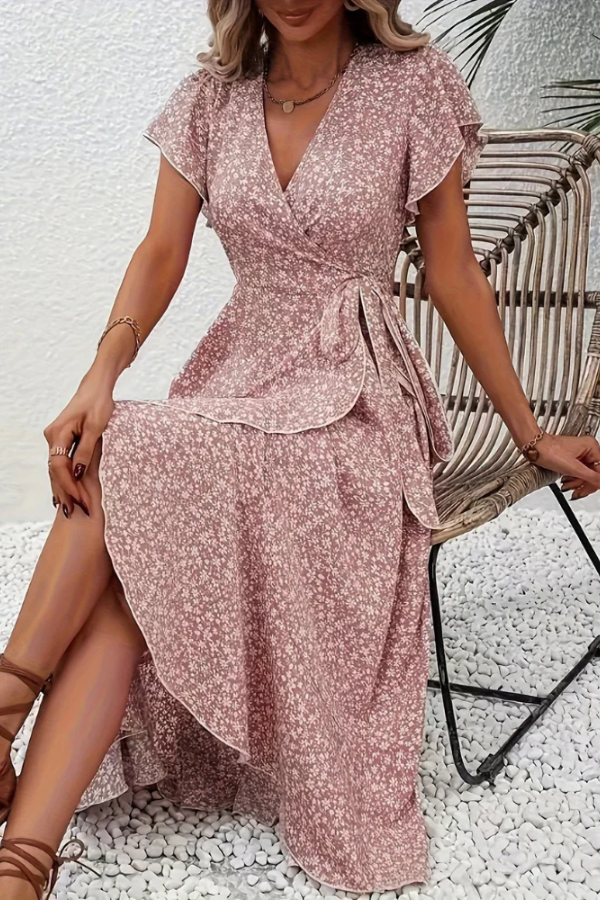 Perfect summer dress: chic V-neck floral midi dress, light and airy for warm days. Elegant style.