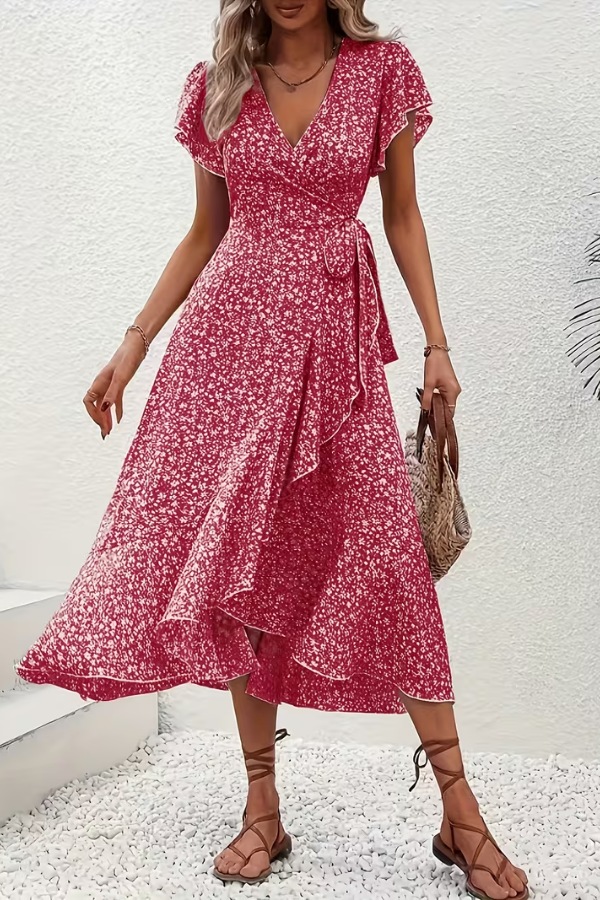 Flowing skirt of the women's V-neck floral midi dress, showcasing movement & lightweight design.