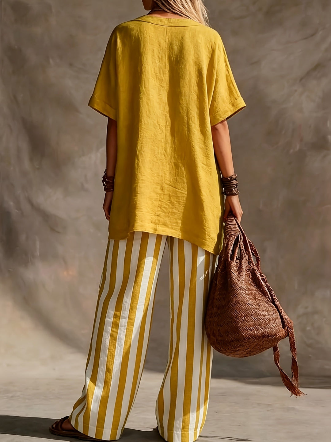 Boho style women's two-piece set: V-neck top & striped wide leg pants, ideal for vacation fashion.