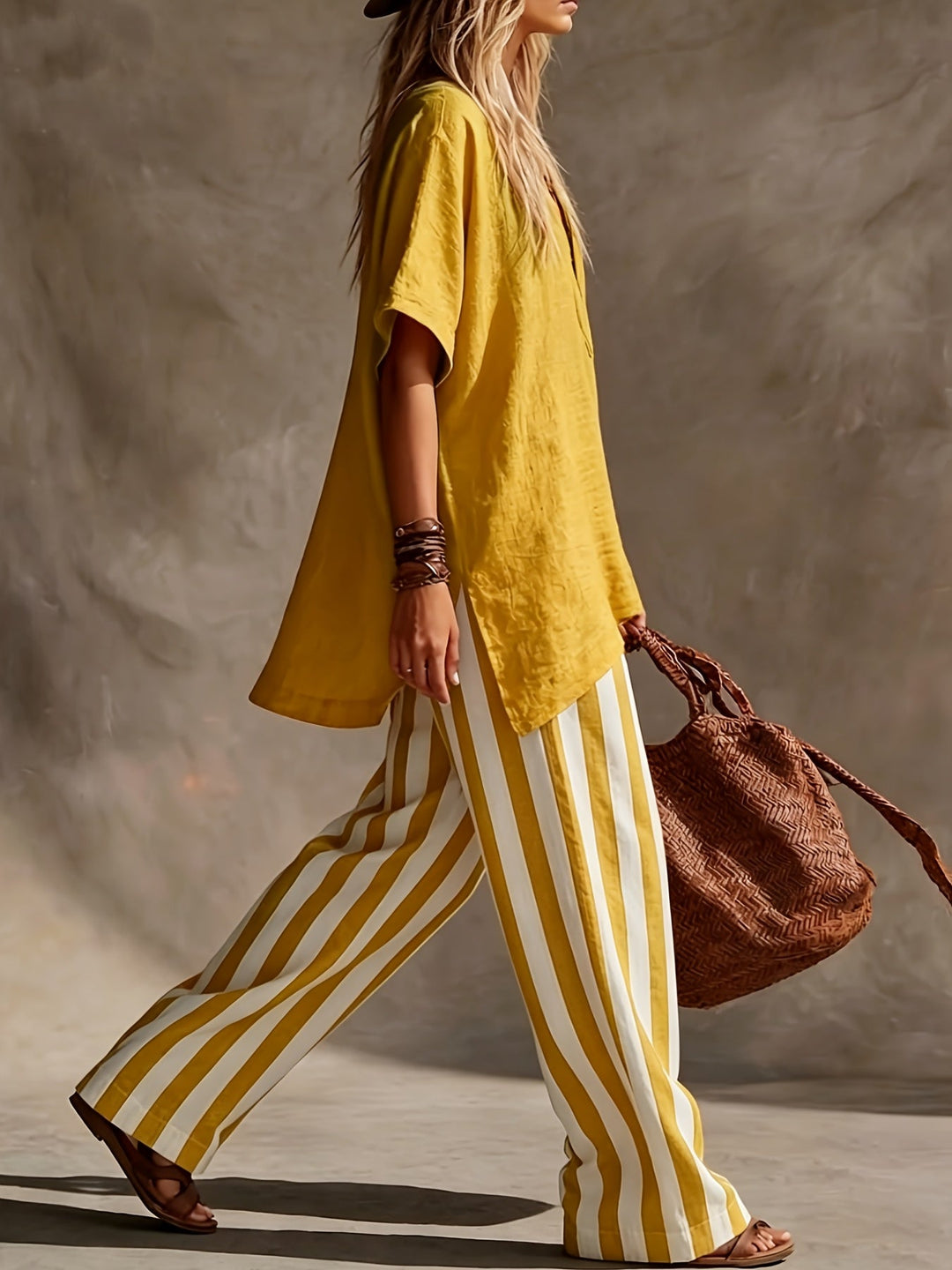 Women's casual chic set with a V-neck top and flowy striped wide leg pants, a relaxed two-piece outfit.