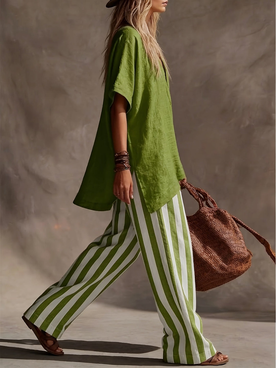 Women's two-piece set: elegant V-neck top paired with high-waisted striped wide leg pants for summer.