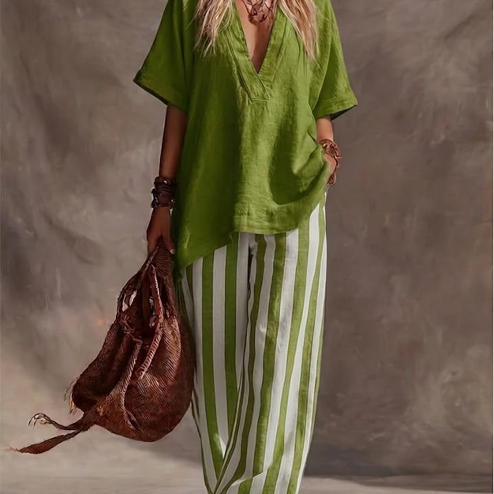 Cozy wear women's two-piece set: relaxed V-neck top & stylish striped wide leg pants, perfect for vacation.