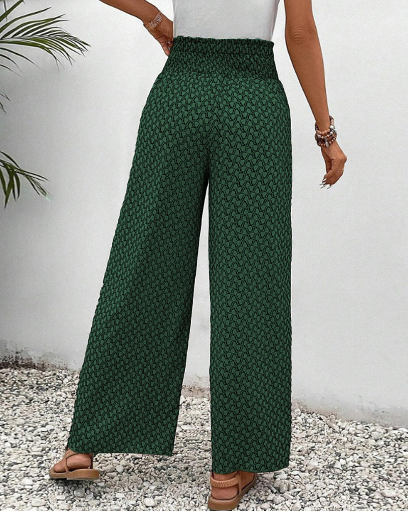 Women's fashionable wide leg trousers, geometric print, relaxed fit for comfort & chic style. Perfect everyday pants.