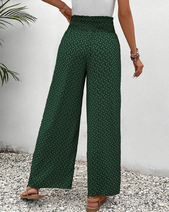 Women's fashionable wide leg trousers, geometric print, relaxed fit for comfort & chic style. Perfect everyday pants.