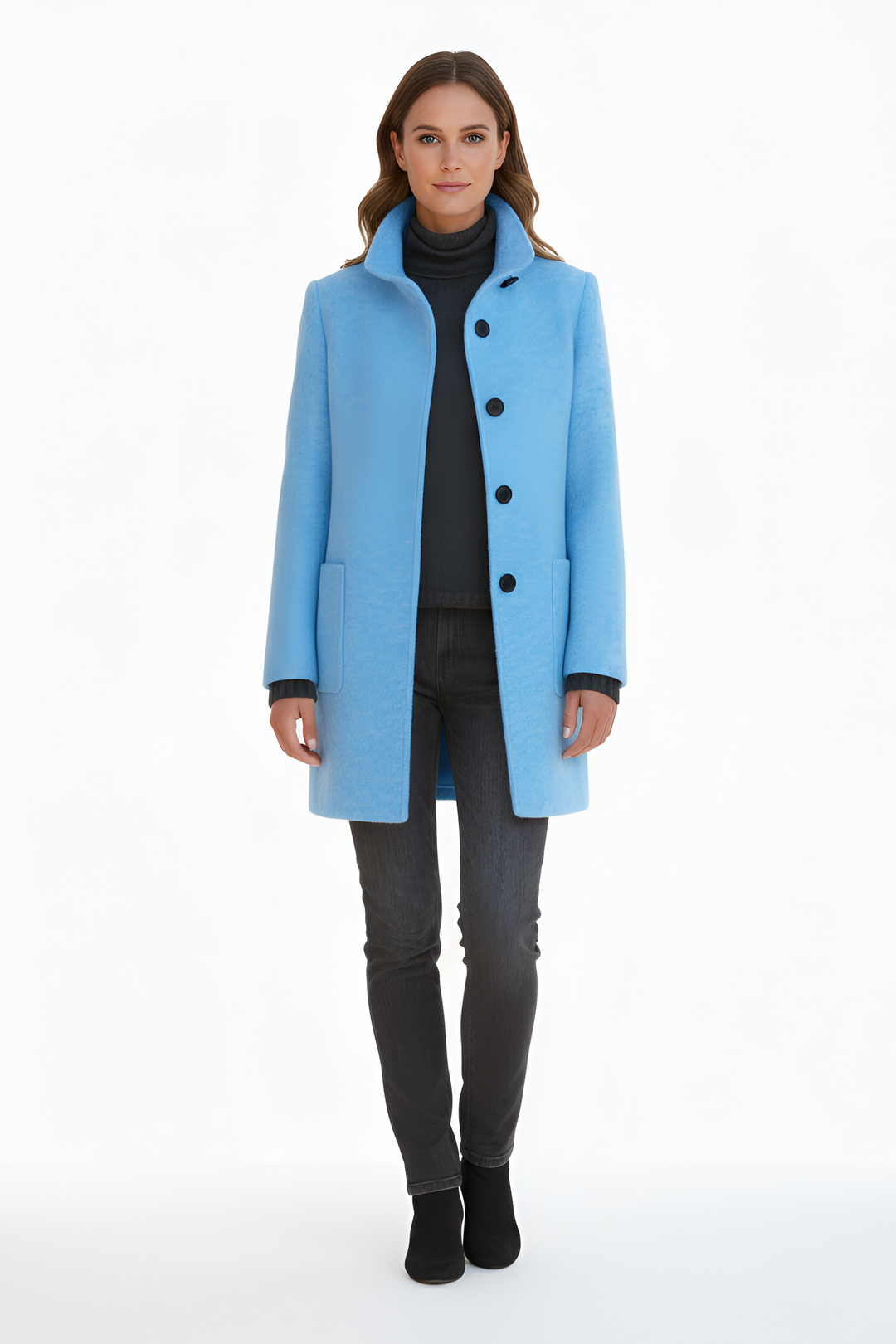 Stylish women's winter long coat. Warm, chic outerwear for elegant and versatile cold weather fashion.