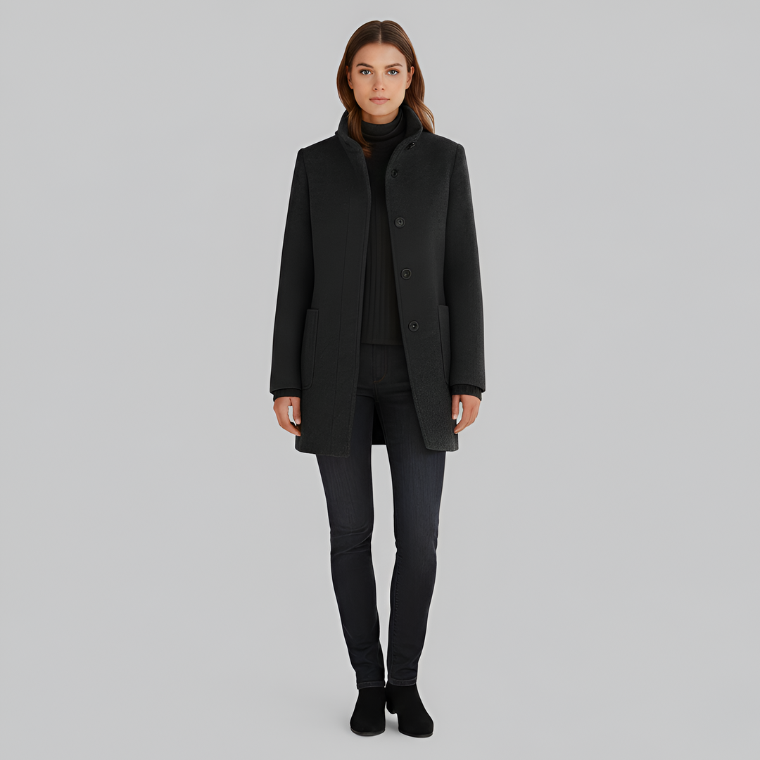 Warm women's long winter coat. Chic and versatile outerwear, ideal for elegant cold weather fashion.