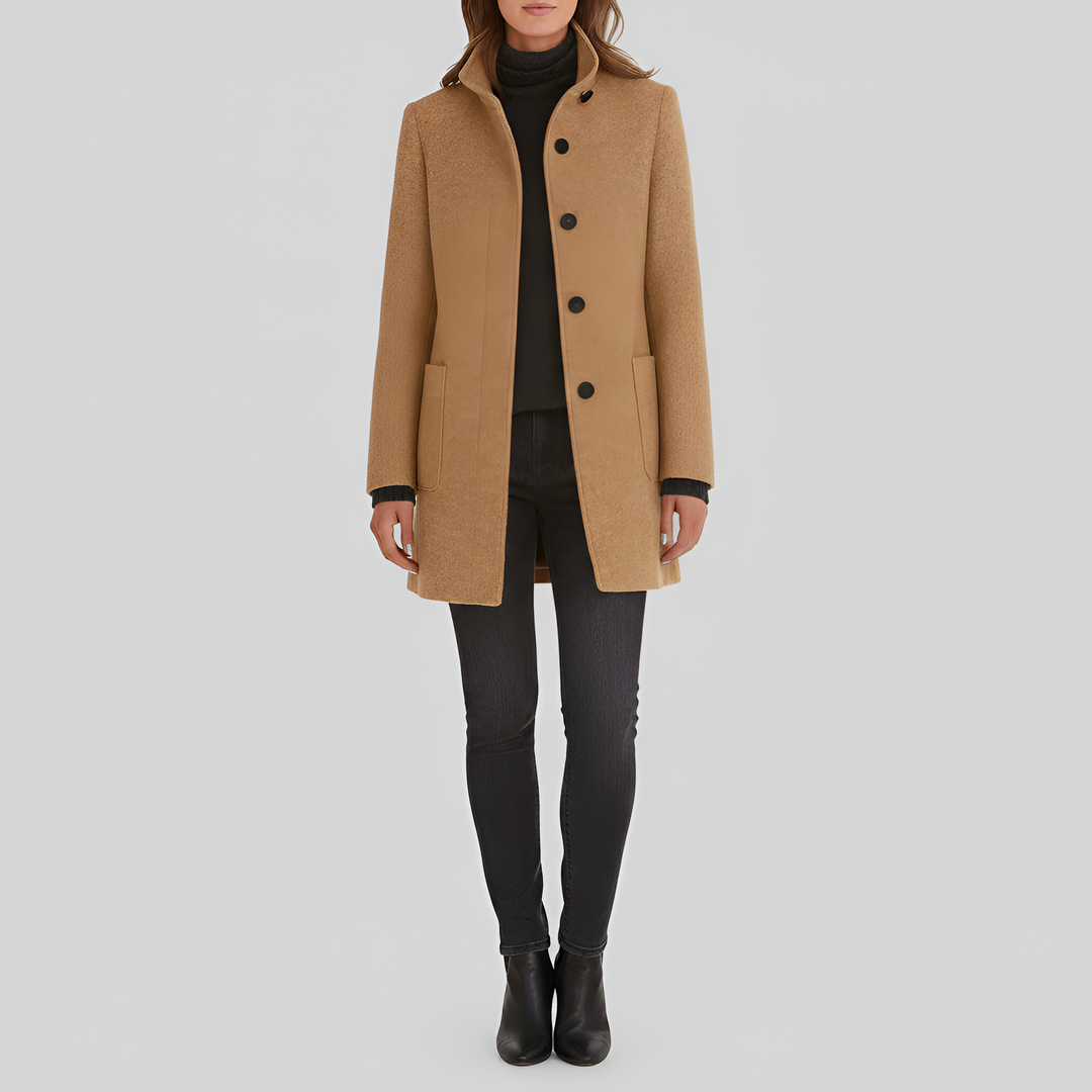 Chic women's winter coat. Versatile long outerwear, warm & elegant for modern cold weather style.