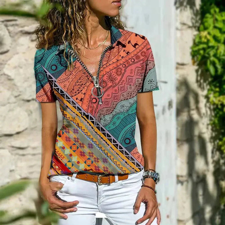 Stylish women's summer blouse featuring a modern zip neck and trendy puff short sleeves, ideal for spring fashion.