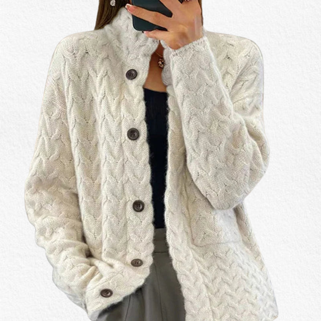 Women's chunky cable knit cardigan with button front, cozy and relaxed fit for fall & winter layering.
