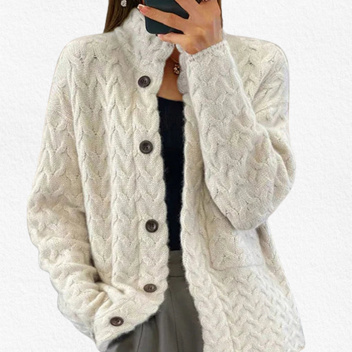 Women's chunky cable knit cardigan with button front, cozy and relaxed fit for fall & winter layering.