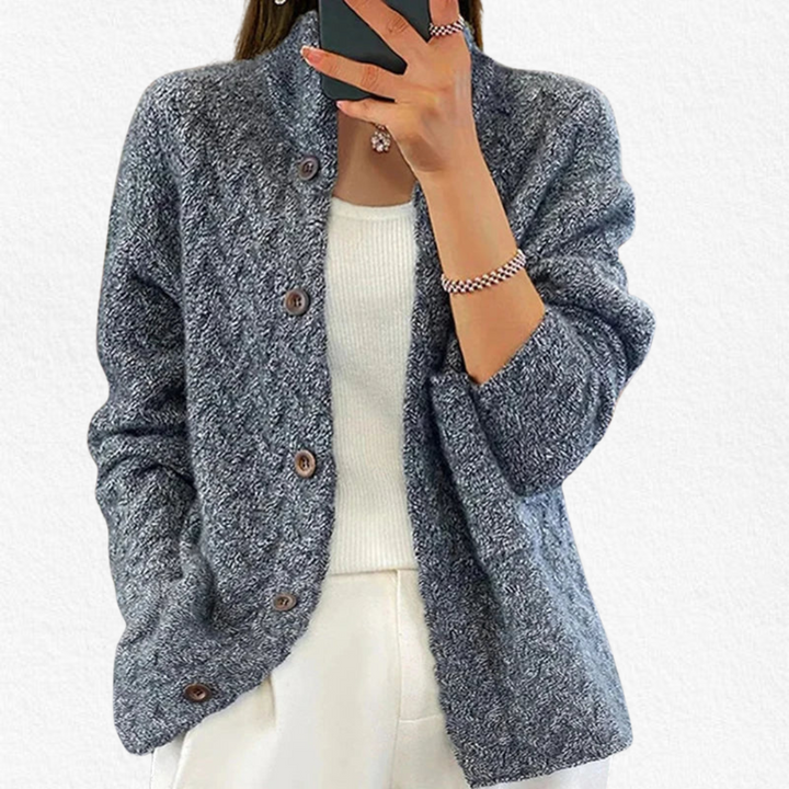 Relaxed fit women's cable knit cardigan with buttons, an essential chunky sweater for fall & winter outfits.