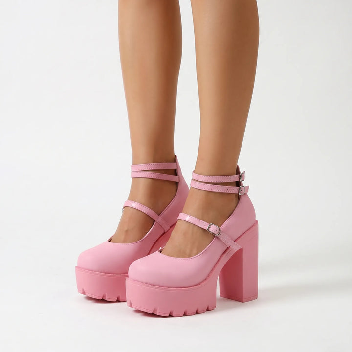 Bold women's chunky heel Mary Jane platform pumps, statement fashion footwear with retro round toe and buckle straps.