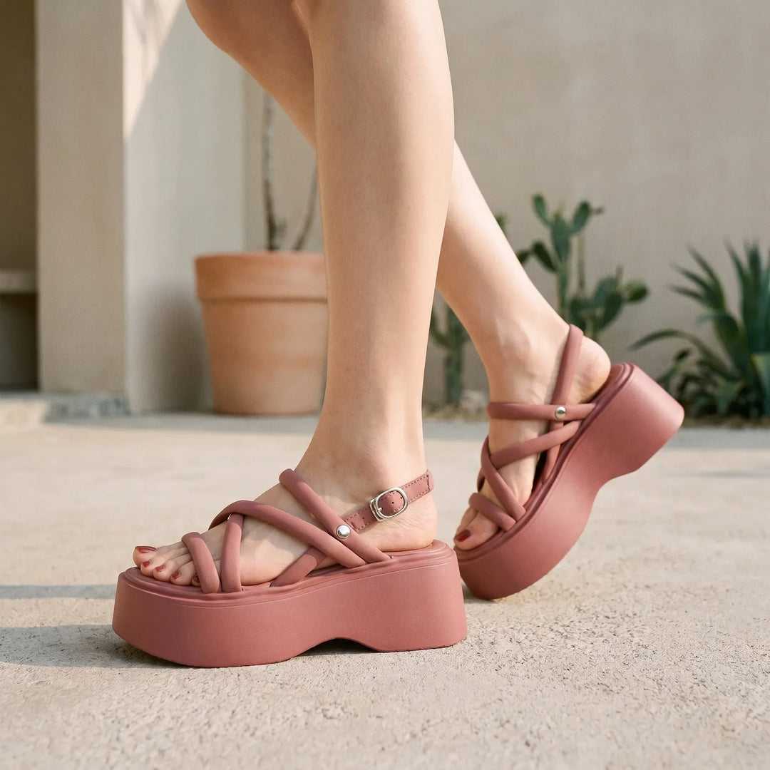 Women's chunky pink wedge platform sandals, open toe with adjustable buckle, perfect for stylish summer footwear.