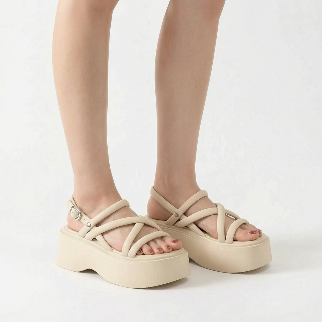 Pink women's chunky platform wedge sandals, gladiator style with open toe and adjustable buckle for summer.