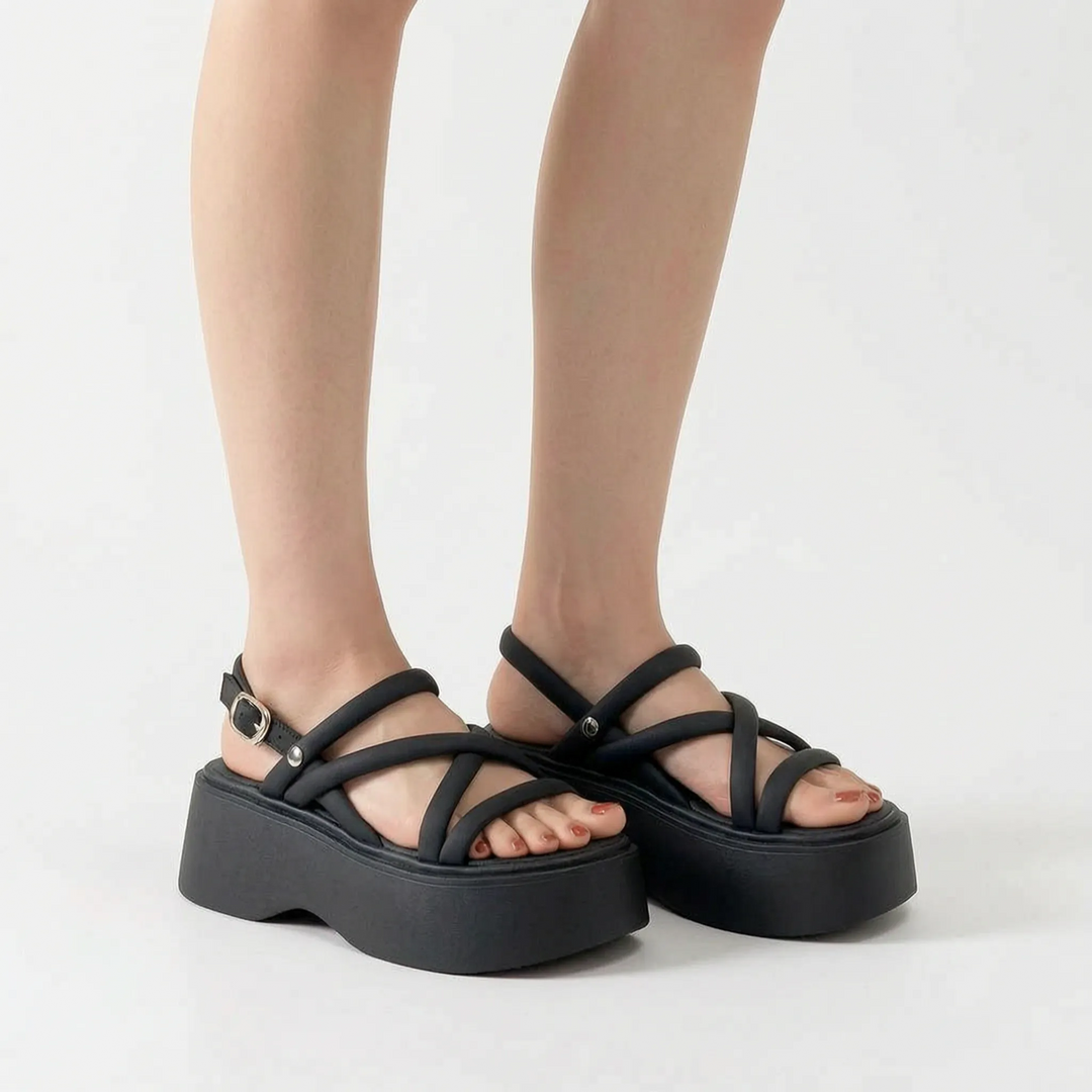 Beige chunky women's platform wedge sandals, open toe for summer, featuring a stylish design and adjustable strap.