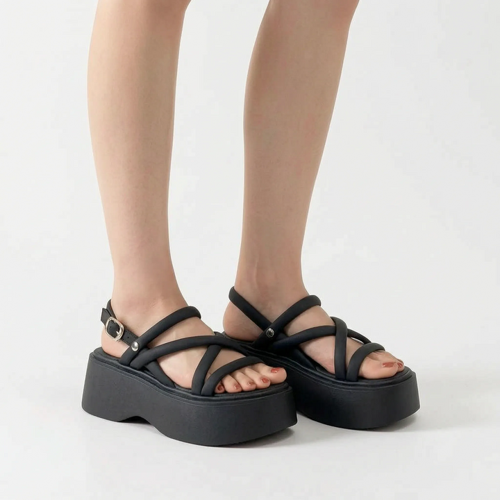 Beige chunky women's platform wedge sandals, open toe for summer, featuring a stylish design and adjustable strap.