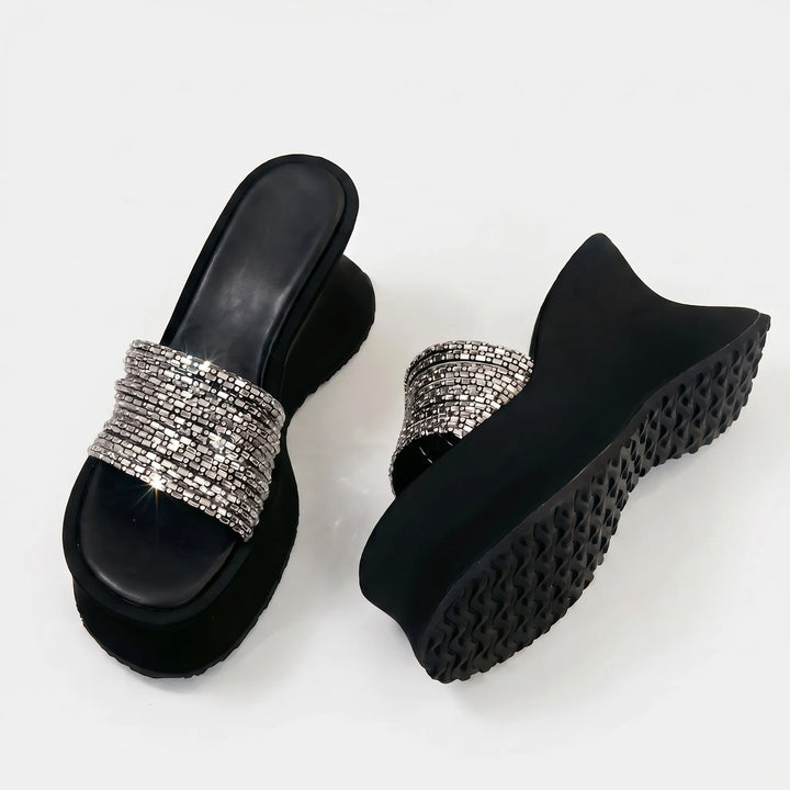 Stylish women's animal print chunky platform sandals. Slip-on design, ideal for evening & party wear.