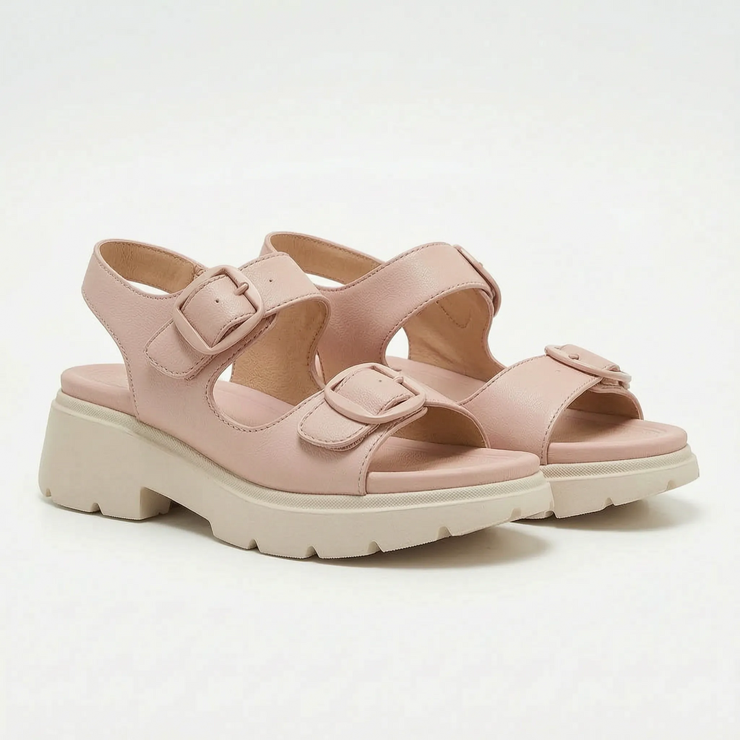 Comfortable women's open-toe chunky platform wedge sandals. Supportive summer footwear with adjustable strap.