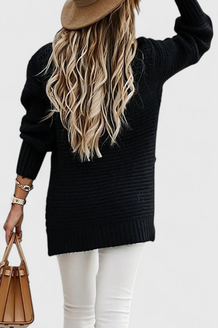 Women's chunky ribbed mock neck sweater in an oversized, relaxed fit, perfect for winter comfort and style.