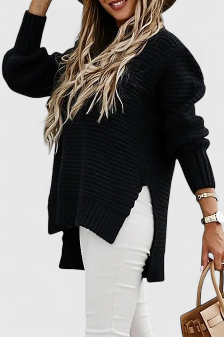 Elegant women's chunky ribbed mock neck sweater, ideal for casual winter outfits and relaxed cold weather comfort.