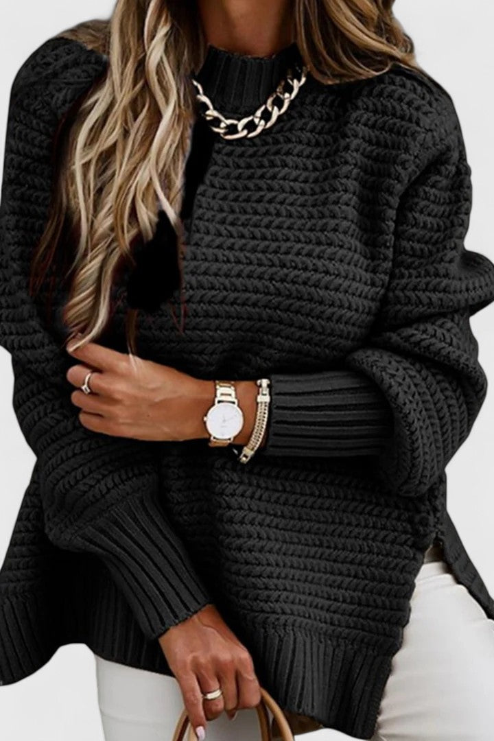 Comfortable women's oversized chunky ribbed knit sweater, a relaxed fit mock neck top for cozy winter fashion.