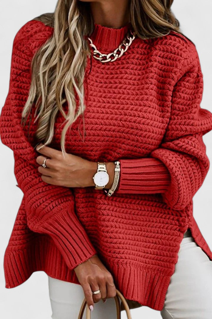 Warm women's chunky ribbed mock neck sweater. An oversized, relaxed knit designed for ultimate cold weather comfort.