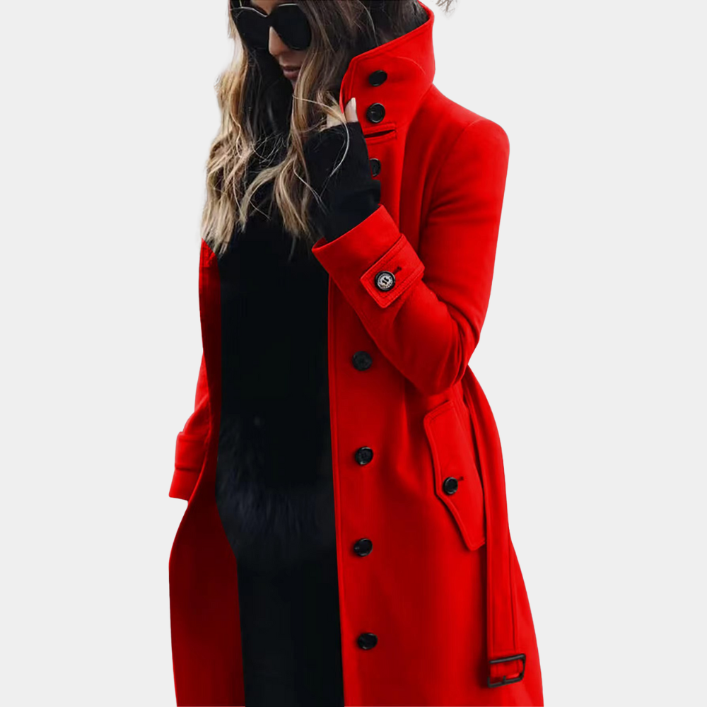 Elegant women's long trench coat, a timeless classic outerwear piece for sophisticated fall and spring fashion.