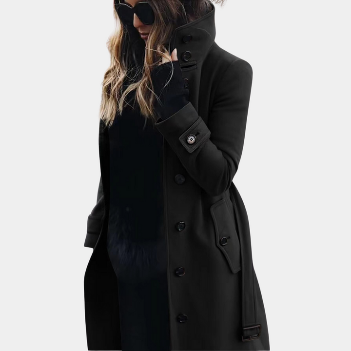 Stylish women's long trench coat, ideal for daily wear. Classic double-breasted design for a chic fall look.