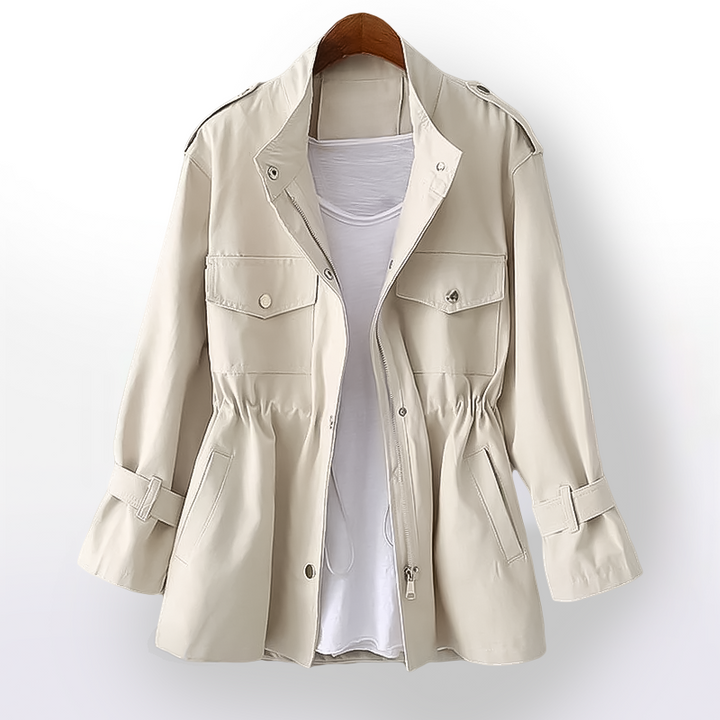 Women's classic belted trench coat with notch collar, perfect for sophisticated fall & spring outerwear.