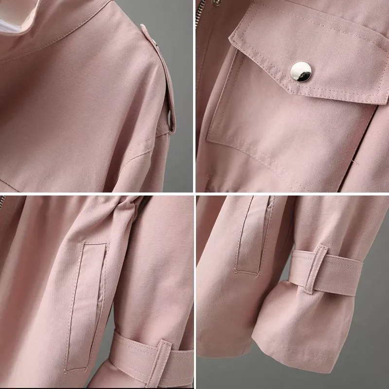 Elegant women's belted trench coat with structured design & notch collar for a timeless, classic outerwear look.