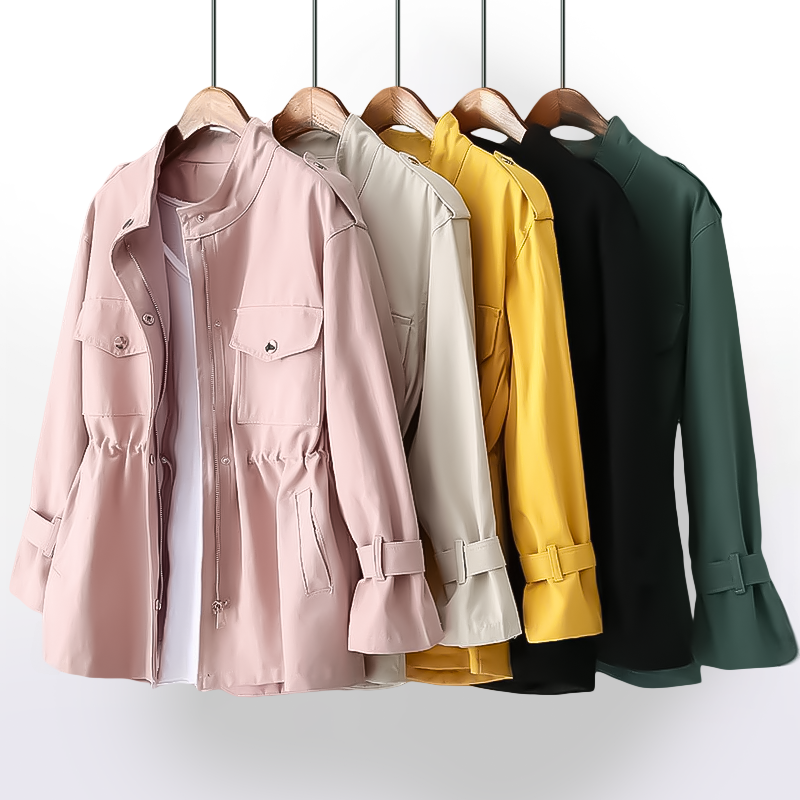 Women's classic trench coat with belt & notch collar. Sophisticated fall fashion, business casual, and workwear.