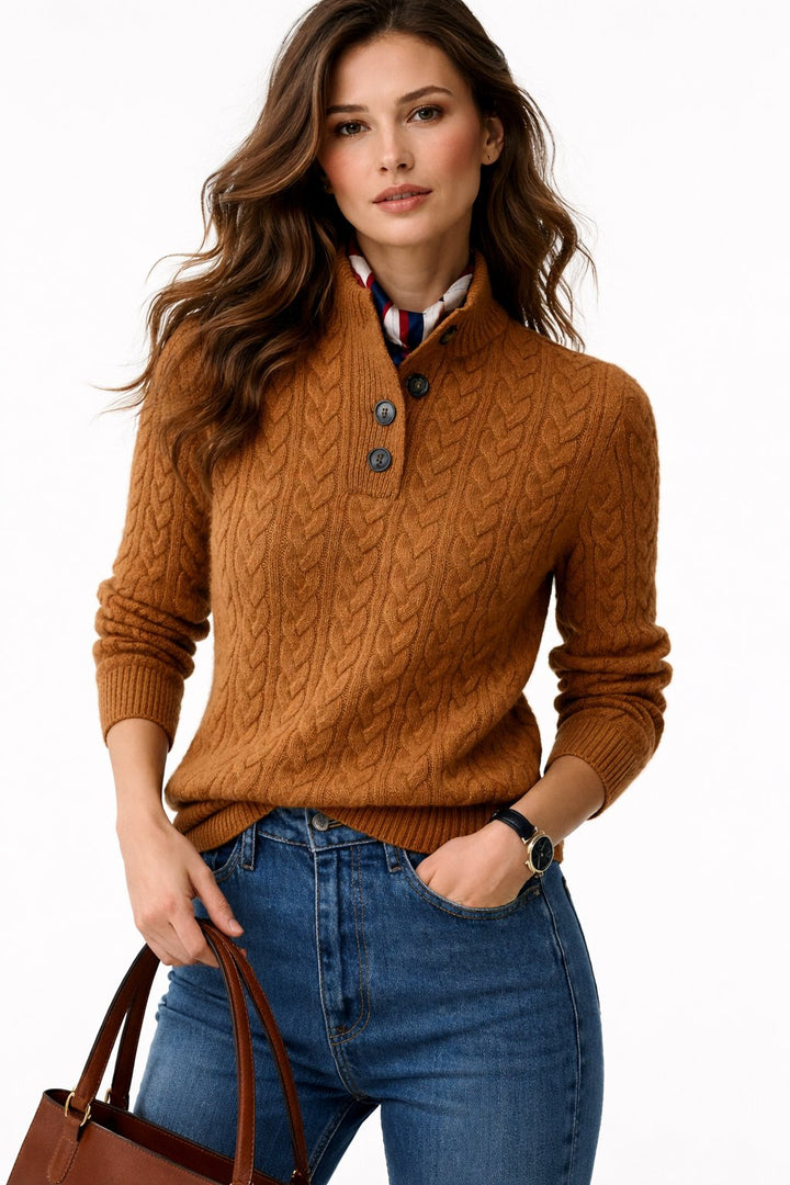 Women's classic cable knit pullover sweater with button neck, perfect for fall and winter fashion. Cozy & stylish.