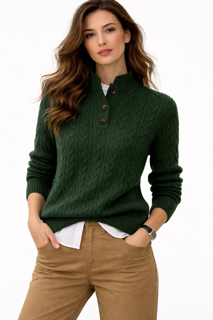 Elegant women's cable knit button-neck sweater, a comfortable layering piece for smart casual and preppy styles.