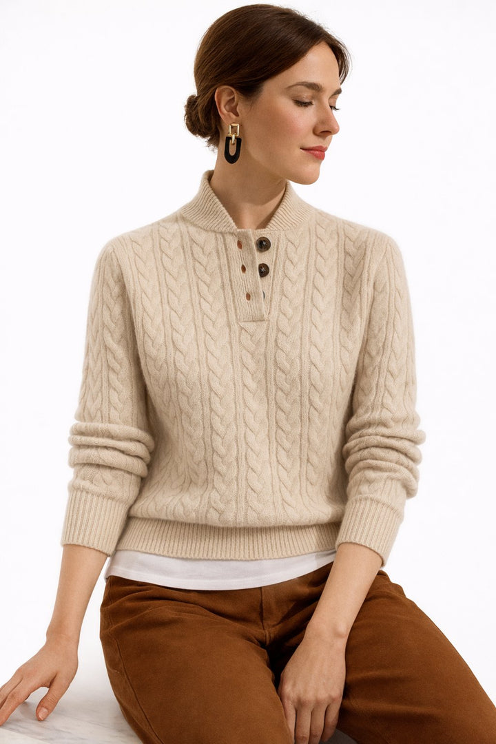 Classic women's cable knit pullover with a button-neck, a versatile and stylish top for winter & cool weather.
