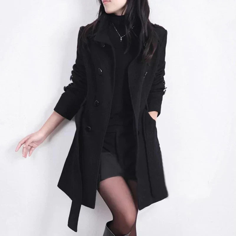 Women's classic double-breasted belted trench coat in beige, perfect for fall fashion & elegant business casual.