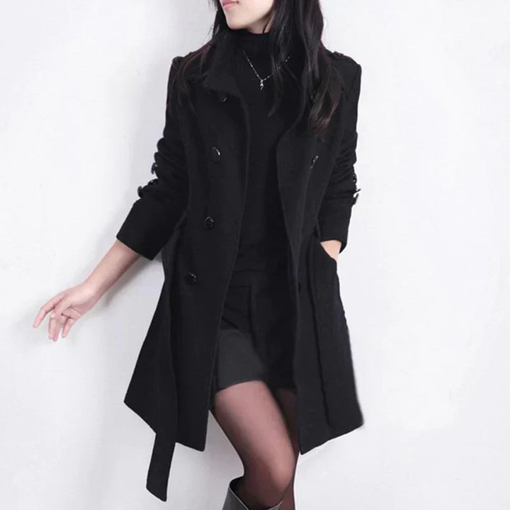 Women's classic double-breasted belted trench coat in beige, perfect for fall fashion & elegant business casual.
