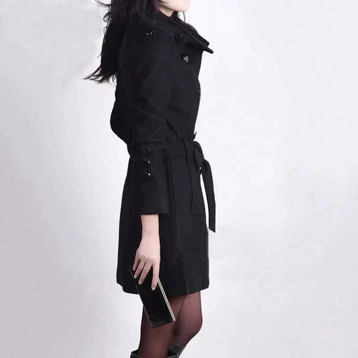 Elegant women's belted trench coat with double-breasted design, ideal for autumn & winter outerwear.