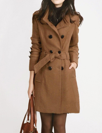 Classic women's fall trench coat, double-breasted with a chic belt, perfect for elegant business casual looks.